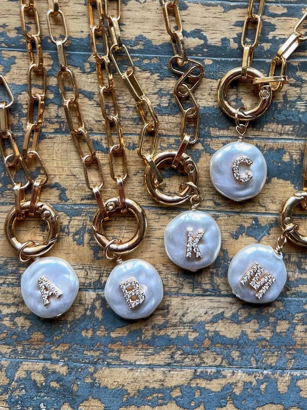Gold Chain Initial Pendant Necklace with White Mother-of-Pearl Disc